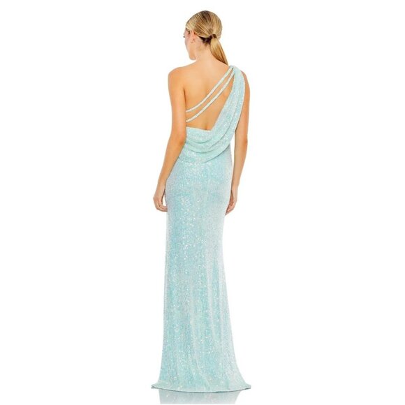 NWT Mac Duggal Sequined One Shoulder Draped Back Gown Icy Blue 2 #9827 - Picture 4 of 8